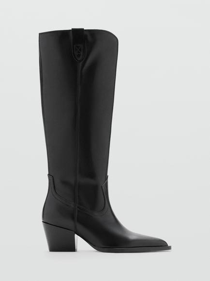 Mango Leather Pointed Toe Tall Riding Boots, Black, Black