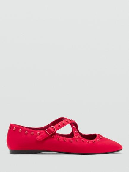 Mango Satin Embellished Mary Jane Ballerina Pumps, Red