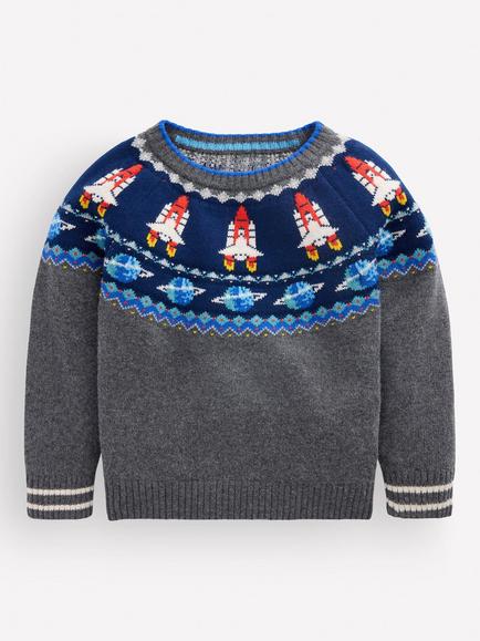 Mini Boden Kids' Round Neck Fair Isle Jumper, Charcoal Marl Space, Charcoal Marl Space