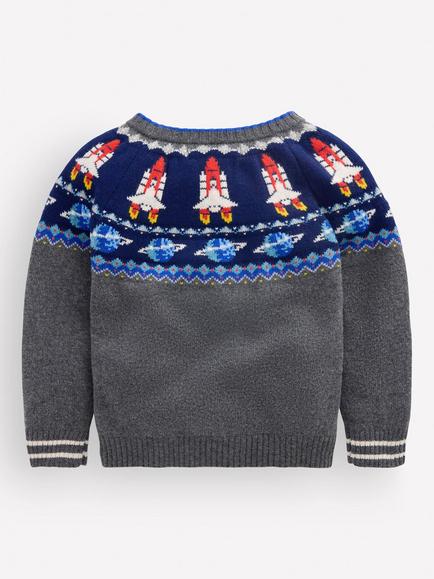 Mini Boden Kids' Round Neck Fair Isle Jumper, Charcoal Marl Space - view 2, Charcoal Marl Space