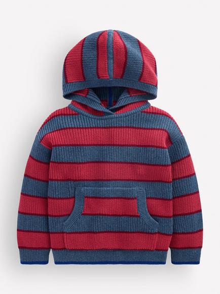 Mini Boden Kids' Knitted Cotton Stripe Hoodie, Denim Blue/Multi, Denim Blue/Multi