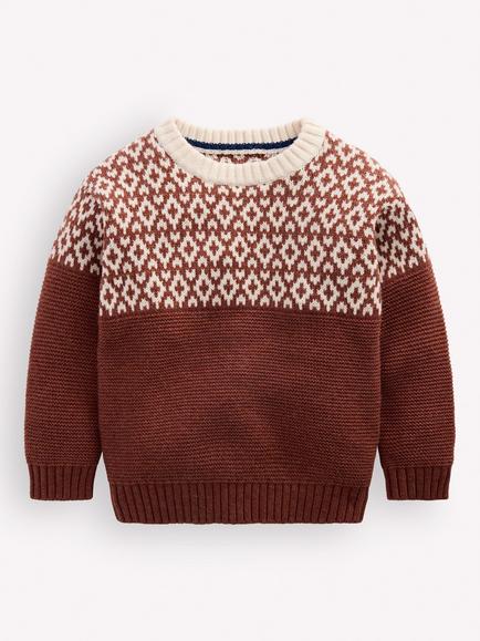 Mini Boden Kids' Relaxed Fair Isle Jumper, Auburn Melange, Auburn Melange