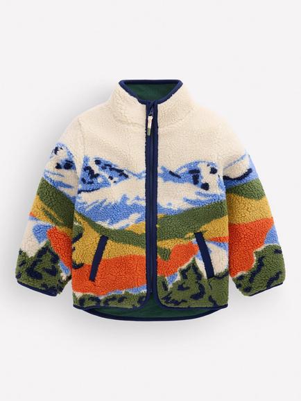 Mini Boden Kids' Cosy Borg Fleece Landscape Jacket, Multi, Multi