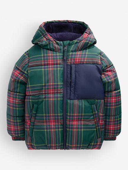 Mini Boden Kids' Plaid Sherpa Fleece Lined Padded Jacket, Green, Green