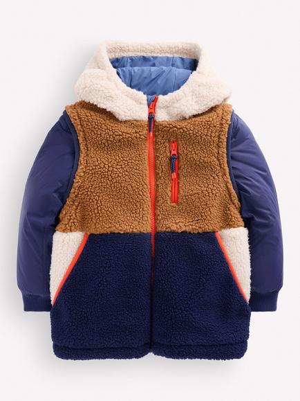 Mini Boden Kids' Panelled Borg Mix Jacket/Gilet, Navy, Navy