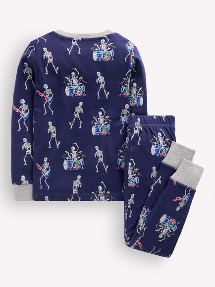 Mini Boden Kids' Snug Glow-In-The-Dark Pyjamas, Skeleton Drummers - view 2, Skeleton Drummers