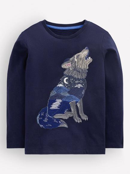 Mini Boden Kids' Glow In The Dark Superstitch Jumper, Navy Scenic Wolf, Navy Scenic Wolf