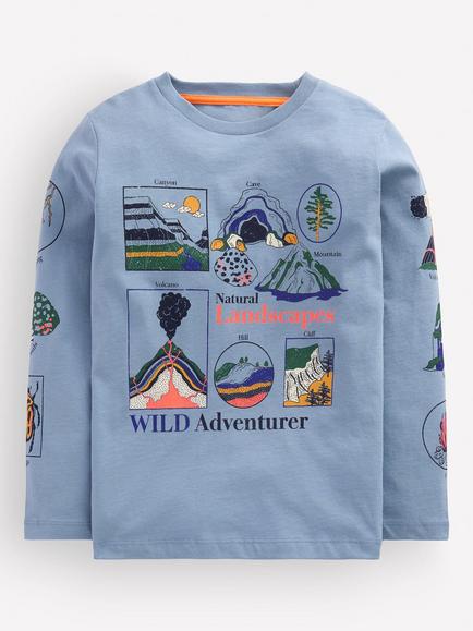 Mini Boden Kids' Long Sleeve Glow In The Dark Top, Blue, Blue Landscapes