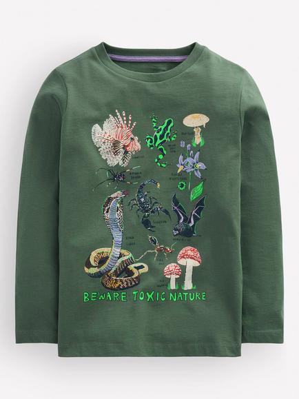 Mini Boden Kids' Long Sleeve Glow In The Dark T-Shirt, Green Toxic Nature, Green Toxic Nature