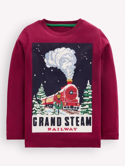 Mini Boden Kids' Long Sleeve Printed Top, Red Steam Train, Red Steam Train