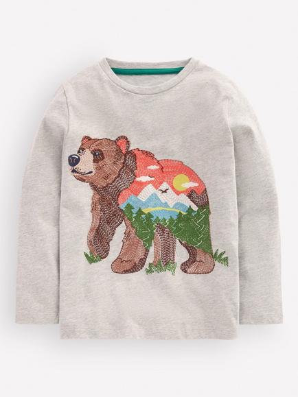 Mini Boden Kids' Long Sleeve Supers Top, Grey, Grey Marl Bear