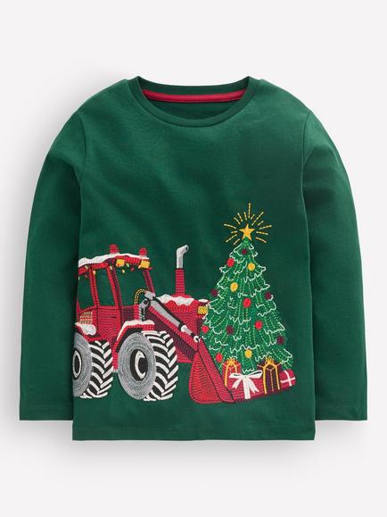 Mini Boden Kids' Christmas Tractor Long Sleeve T-Shirt, Emerald/Multi, Emerald/Multi