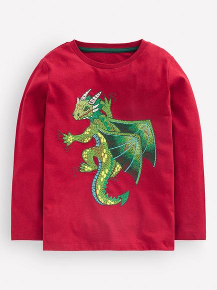Mini Boden Kids' Long Sleeve Supers Top, Ruby Red Dragon, Ruby Red Dragon
