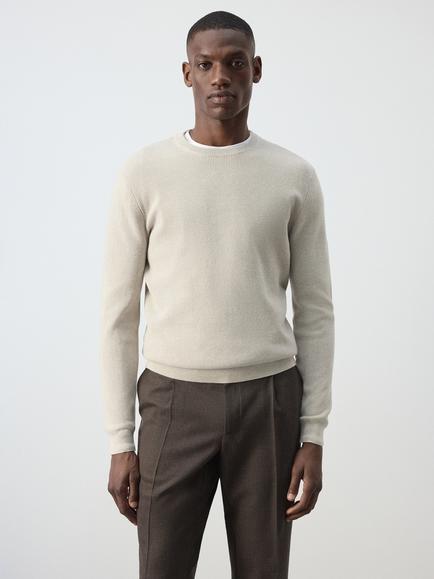 Mango Fine-Gauge Crew Knit Jumper, Beige, Beige