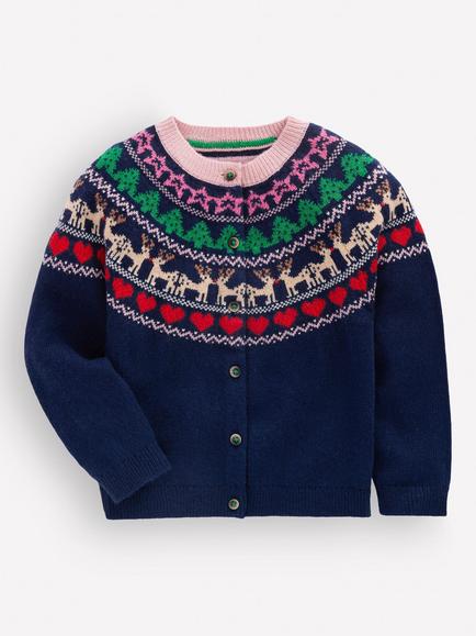 Mini Boden Kids' Edie Fair Isle Cardigan, Blue Sparkle/Multi, Blue Sparkle/Multi
