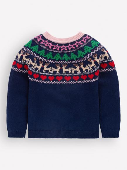 Mini Boden Kids' Edie Fair Isle Cardigan, Blue Sparkle/Multi - view 2, Blue Sparkle/Multi