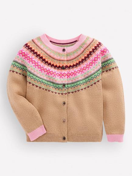 Mini Boden Kids' Edie Fair Isle Cardigan, Camel/Multi, Camel/Multi