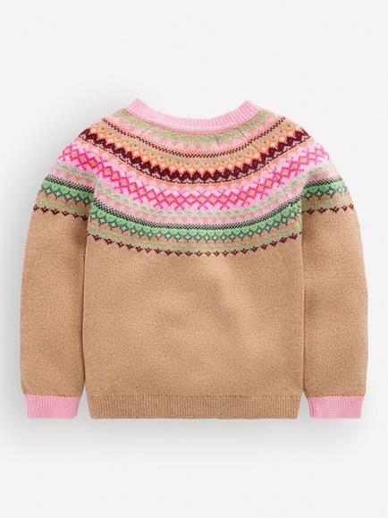 Mini Boden Kids' Edie Fair Isle Cardigan, Camel/Multi - view 2, Camel/Multi