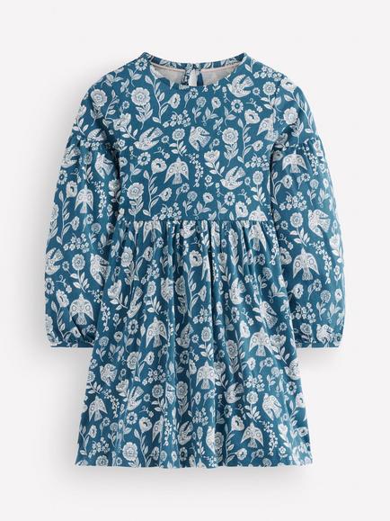 Mini Boden Kids' Madeline Blouson Sleeve Cotton Dress, Blue Floral Bird, Blue Floral Bird