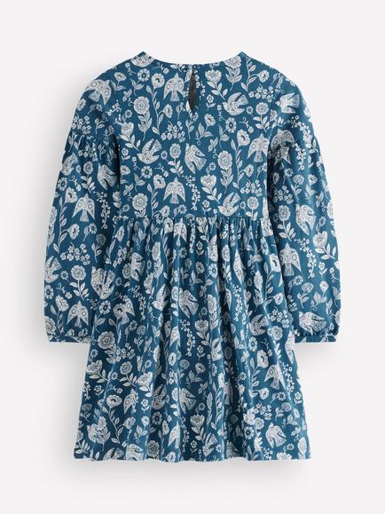 Mini Boden Kids' Madeline Blouson Sleeve Cotton Dress, Blue Floral Bird - view 2, Blue Floral Bird