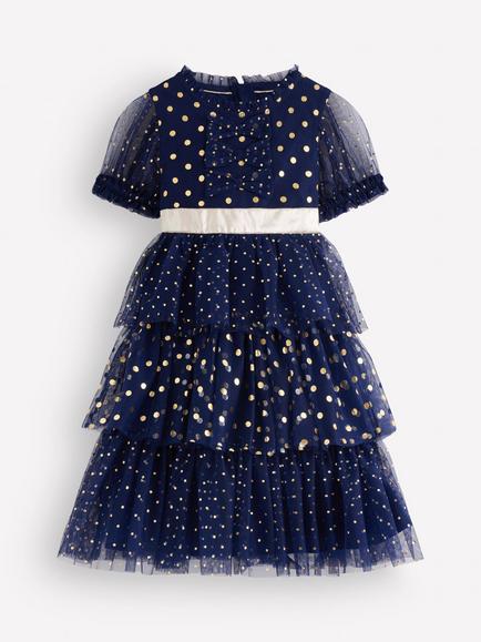 Mini Boden Kids' Short Sleeve Metallic Tulle Dress, Blue, Blue