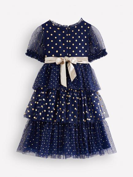 Mini Boden Kids' Short Sleeve Metallic Tulle Dress, Blue - view 2, Blue