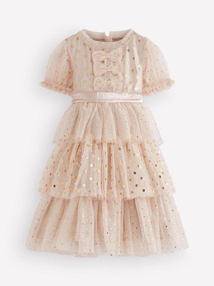Mini Boden Kids' Short Sleeve Metallic Tulle Dress, Gold, Gold