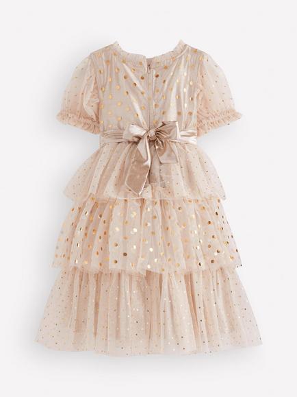 Mini Boden Kids' Short Sleeve Metallic Tulle Dress, Gold - view 2, Gold
