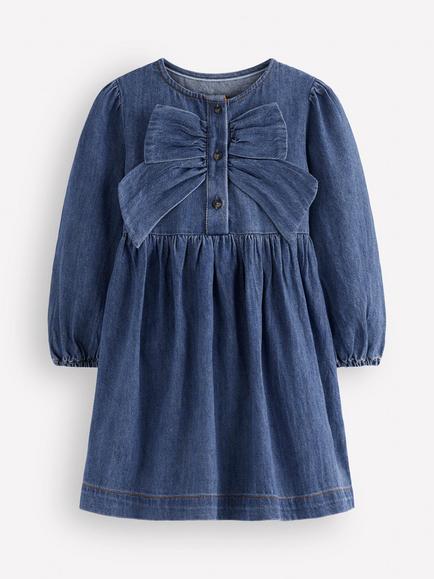 Mini Boden Kids' Noah Bow Button Dress, Mid Vintage Blue, Mid Vintage Blue