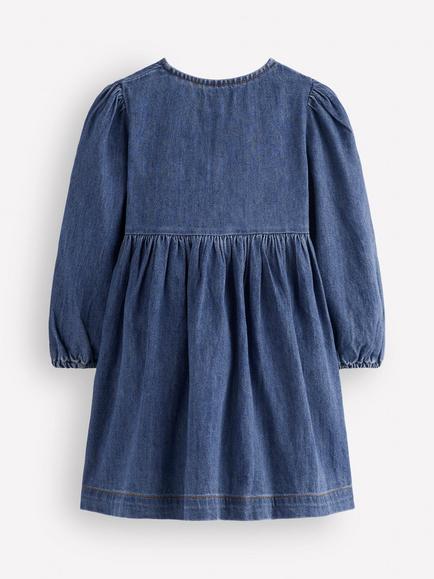 Mini Boden Kids' Noah Bow Button Dress, Mid Vintage Blue - view 2, Mid Vintage Blue