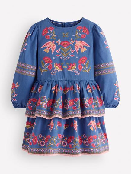 Mini Boden Kids' Long Sleeve Printed Tiered Dress, Blue Birds Placement, Blue Birds Placement