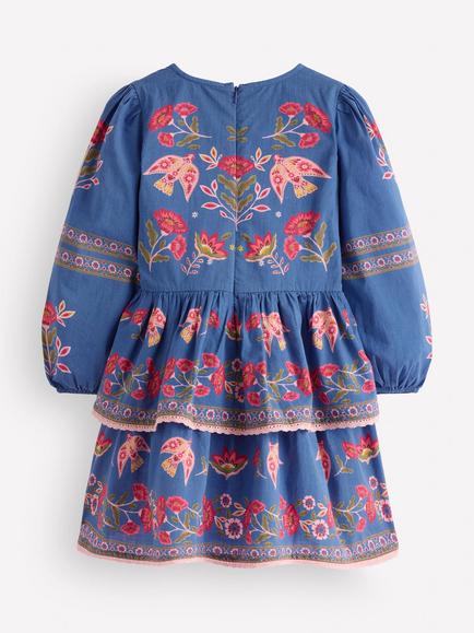 Mini Boden Kids' Long Sleeve Printed Tiered Dress, Blue Birds Placement - view 2, Blue Birds Placement