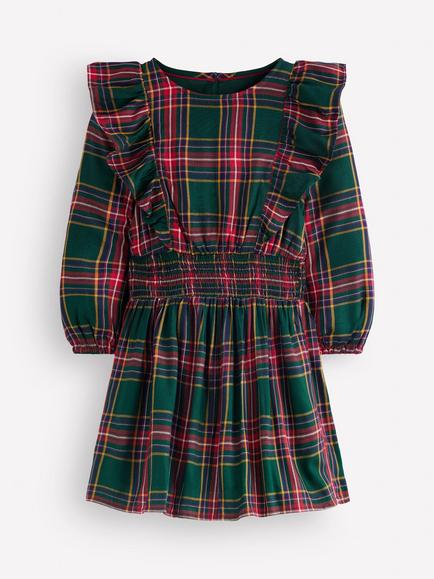 Mini Boden Kids' Long Sleeve Shirred Drop Waist Dress, Green/Red, Green/Red