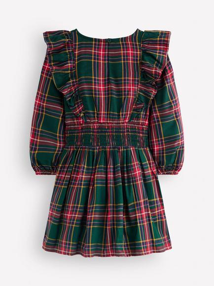 Mini Boden Kids' Long Sleeve Shirred Drop Waist Dress, Green/Red - view 2, Green/Red