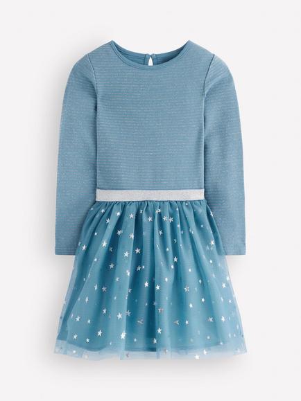 Mini Boden Kids' Long Sleeve Twirly Tulle Dress, Stormbolt Blue