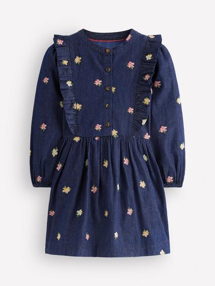 Mini Boden Kids' Winnie Long Sleeve Frill Trim Dress, Denim Embroidery, Denim Embroidery