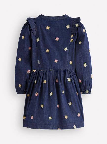 Mini Boden Kids' Winnie Long Sleeve Frill Trim Dress, Denim Embroidery - view 2, Denim Embroidery
