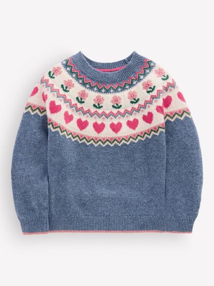 Mini Boden Kids' Eleanor Fair Isle Jumper, Blue Marl, Bluejay Marl