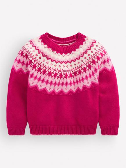 Mini Boden Kids' Eleanor Fair Isle Round Neck Jumper, Sweet Cherry, Sweet Cherry