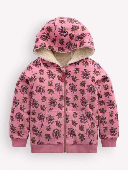 Mini Boden Kids' Reversible Hooded Borg Coat, Rose Garden, Rose Garden