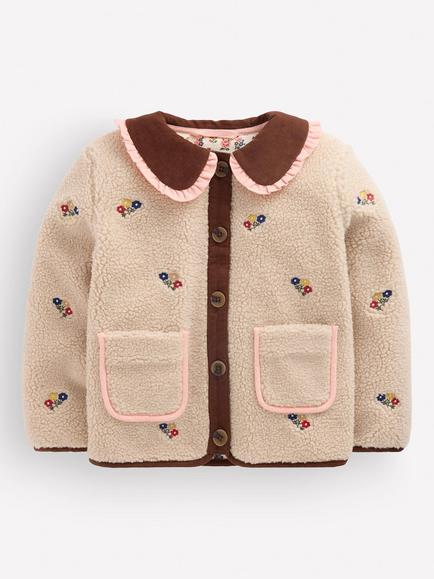 Mini Boden Kids' Embroidered Borg Fleece Jacket, Ivory, Ivory