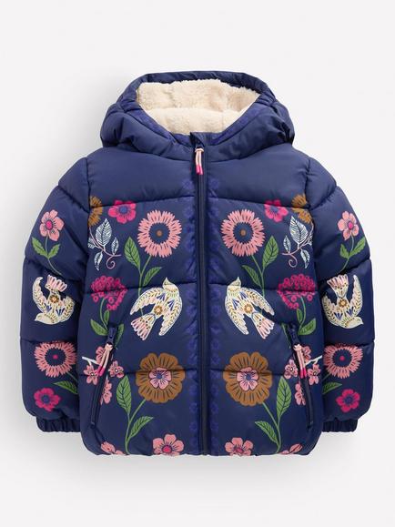 Mini Boden Kids' Flower and Bird Print Sherpa Fleece Lined Padded Jacket, Navy, Navy