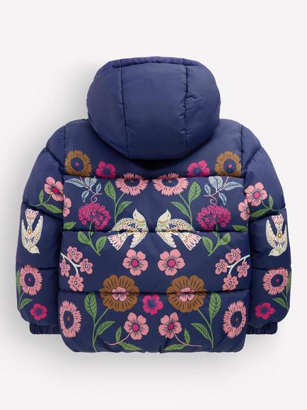 Mini Boden Kids' Flower and Bird Print Sherpa Fleece Lined Padded Jacket, Navy - view 2, Navy