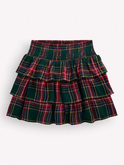 Mini Boden Kids' Smocked Waist Tiered Rara Skirt, Green Check, Green Check