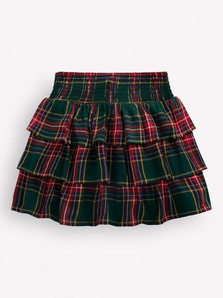 Mini Boden Kids' Smocked Waist Tiered Rara Skirt, Green Check - view 2, Green Check
