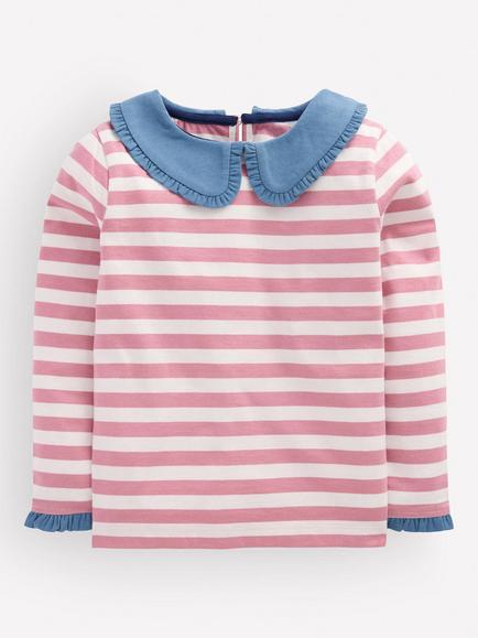 Mini Boden Kids' Long Sleeve Frill Collar Breton Top, Pink/Multi, Pink/Multi