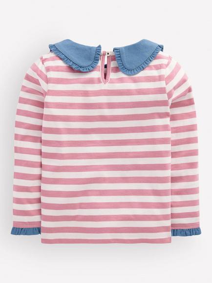 Mini Boden Kids' Long Sleeve Frill Collar Breton Top, Pink/Multi - view 2, Pink/Multi
