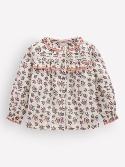 Mini Boden Kids' Frill Button Through Top, Cream Floral Trellis, Cream Floral Trellis