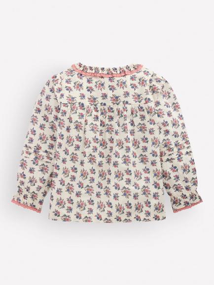 Mini Boden Kids' Frill Button Through Top, Cream Floral Trellis - view 2, Cream Floral Trellis