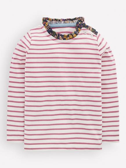 Mini Boden Kids' Long Sleeve Frill Neck Breton Top, Pink/Multi, Pink/Multi